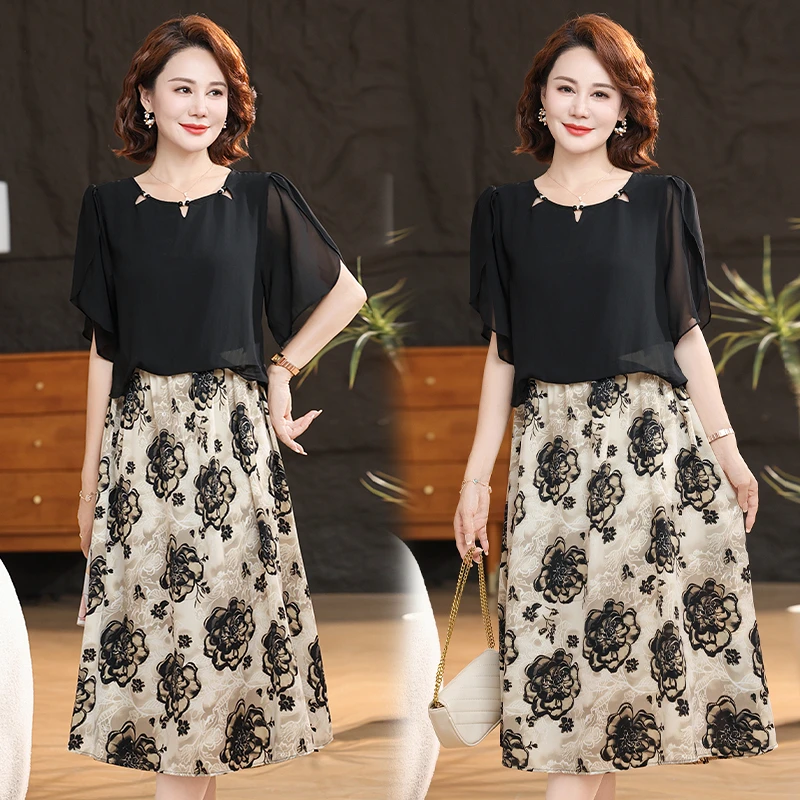 L-4XL时尚气质妈妈连衣裙两件套夏季薄开衫中老年套装裙aa6691