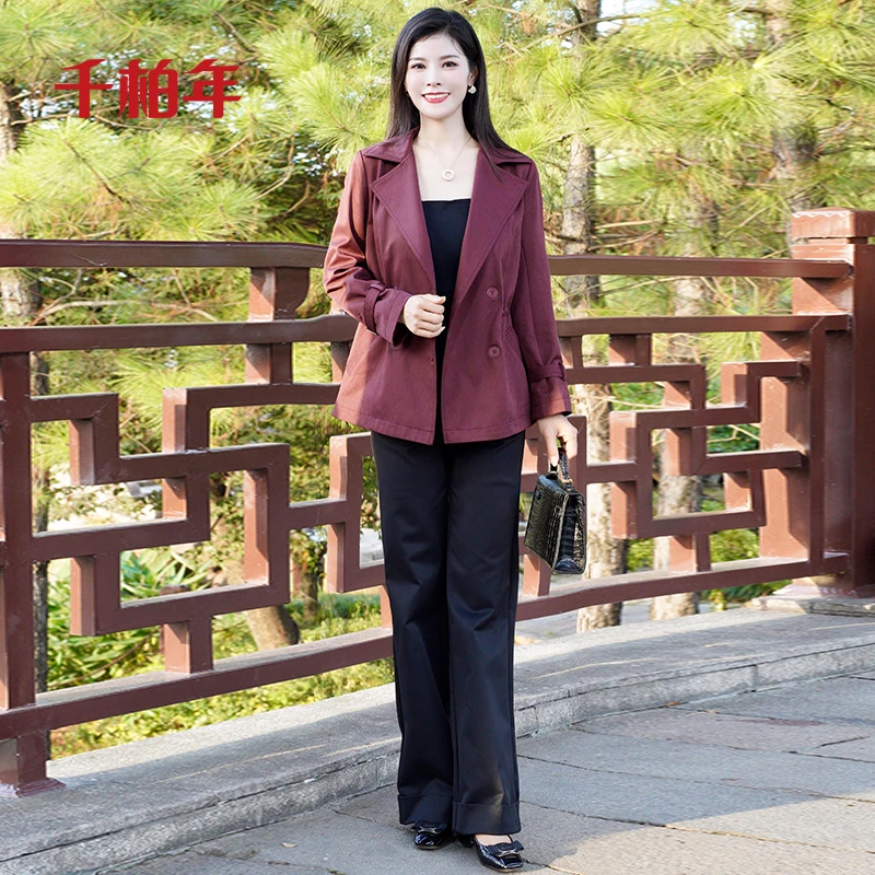 千柏年【灵秀雅逸】英伦风双排扣收腰休闲短款风衣-C932