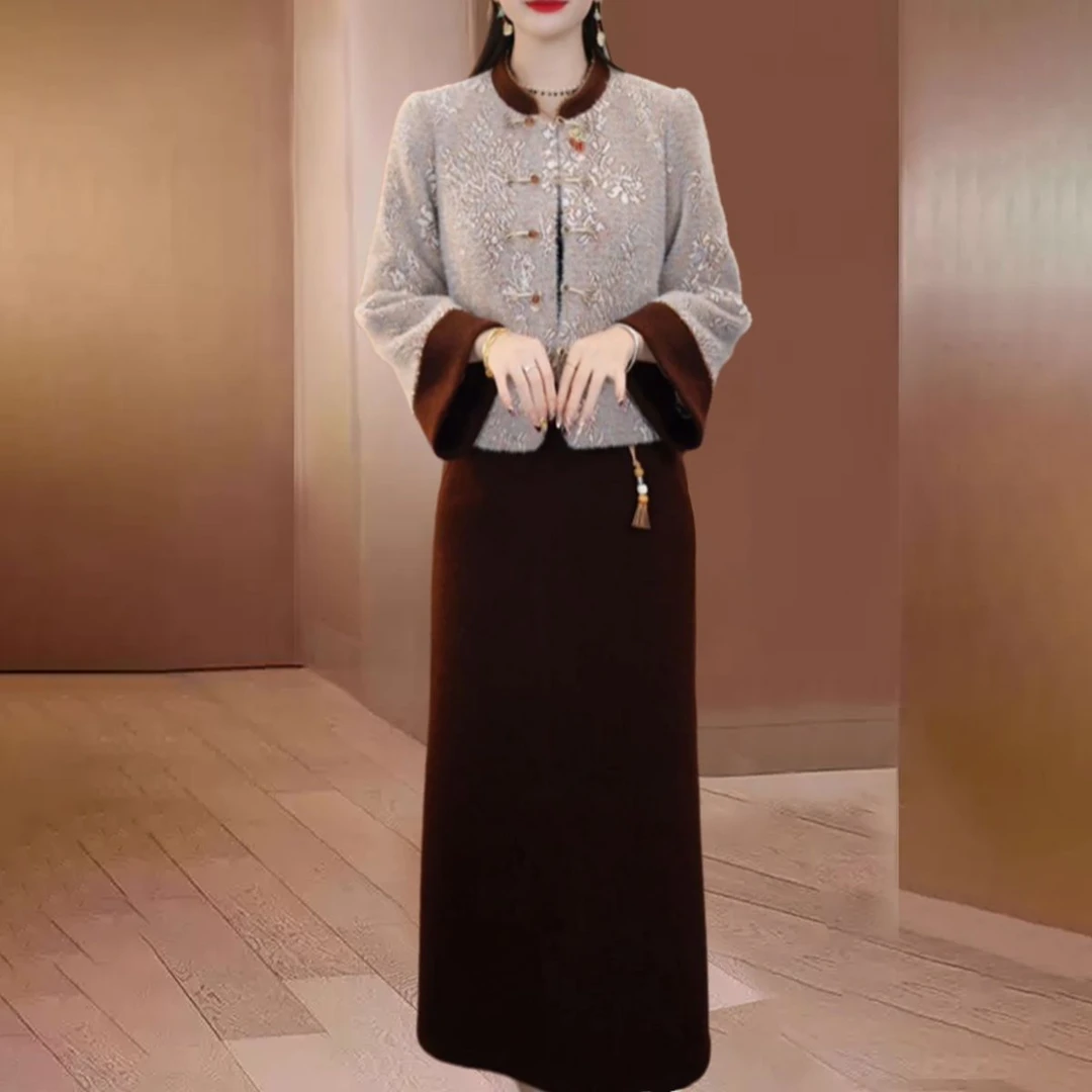 拉夏新中式毛呢连衣裙女秋冬加厚两件套装高级感气质减龄洋气妈妈