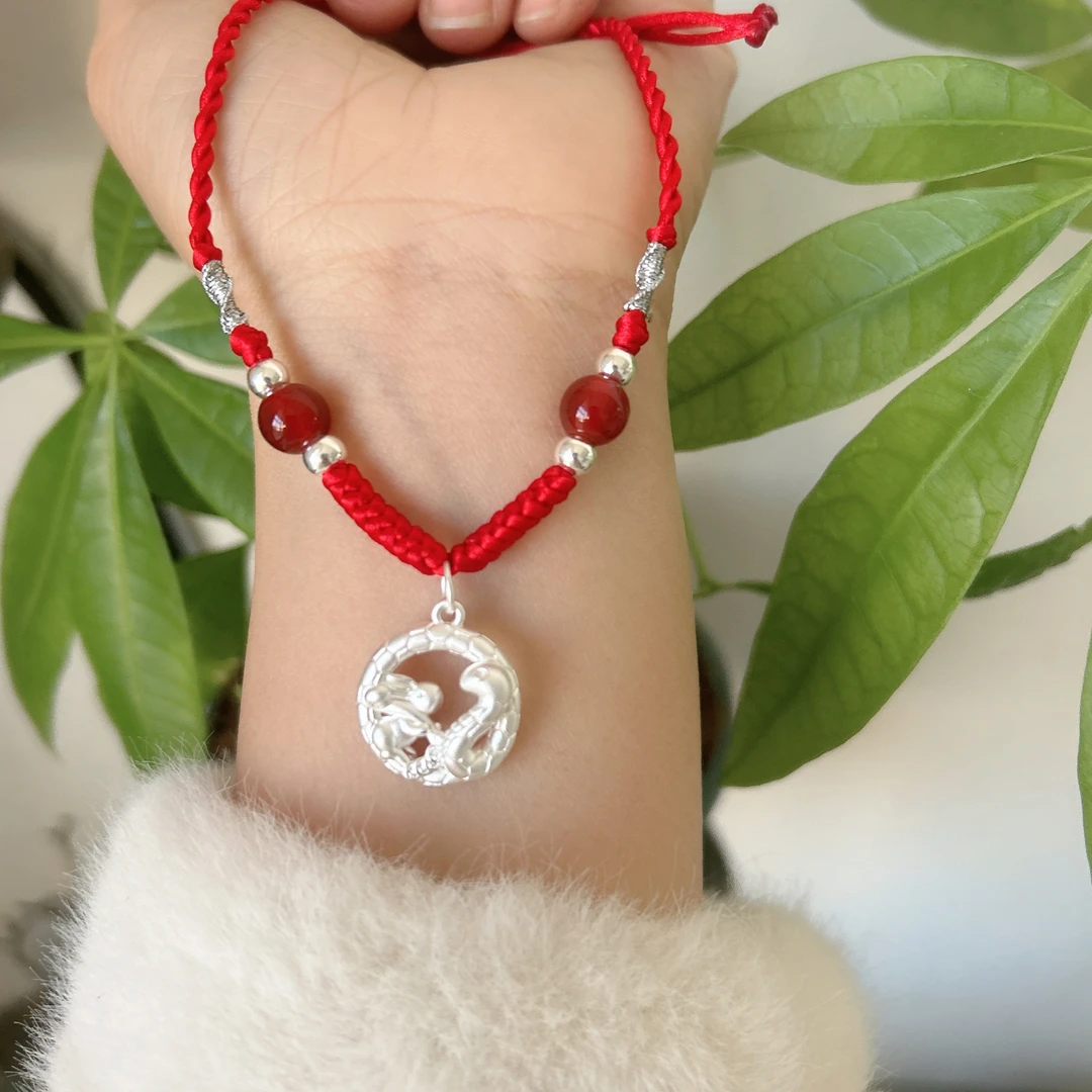 吊坠足银 足银999蛇缠兔吊坠项链本命年挂坠编织时尚个性链