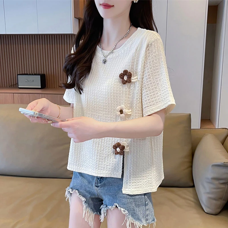 不规则开叉短袖t恤女2025新款夏季韩版宽松小个子短款设计感上衣