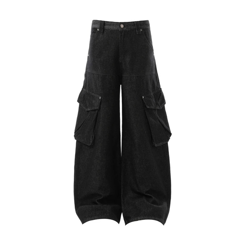 欧美街头潮流宽松运动阔脚拼接多口袋工装风牛仔裤黑色休闲长裤子