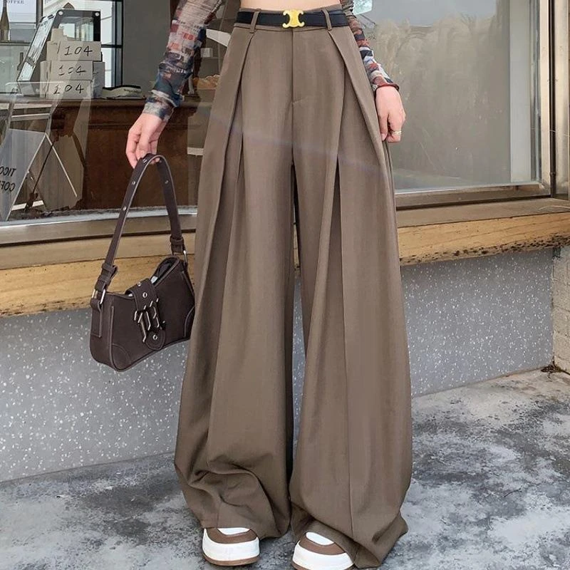 ZHIO设计感压褶阔腿裤女2025春新款高腰筒西装裤休闲垂感拖地长NZ