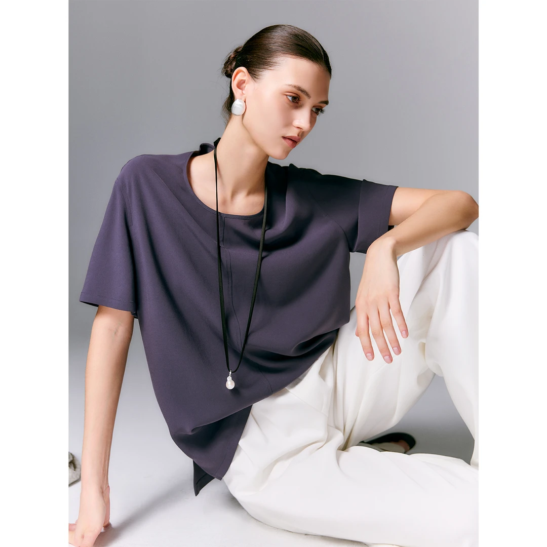 玖着'纸片人'日本进口三醋酸冰爽垂感简约分割线显瘦休闲圆领T恤