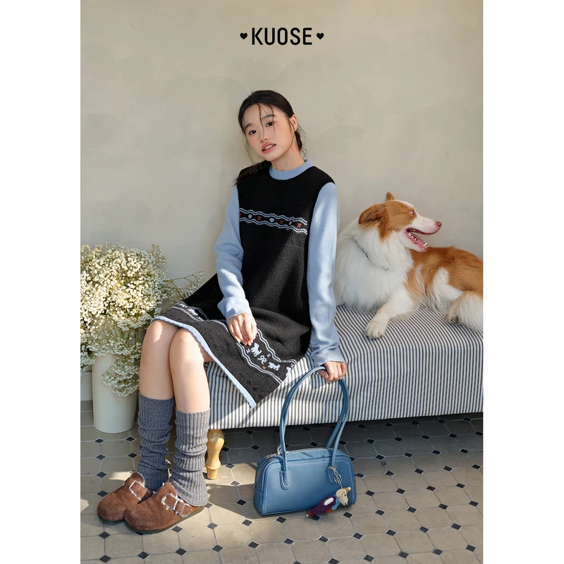 阔色黑色费尔岛背心裙25秋冬季新款女吊带连衣裙毛衣裙KSB2509023