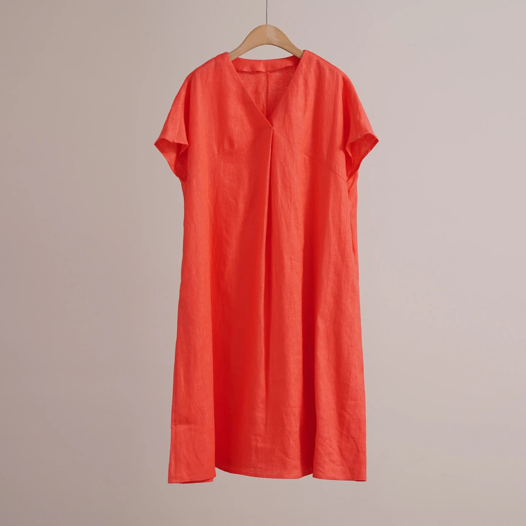 外贸品牌100%亚麻经典V领宽松女士连衣裙（251066）2532