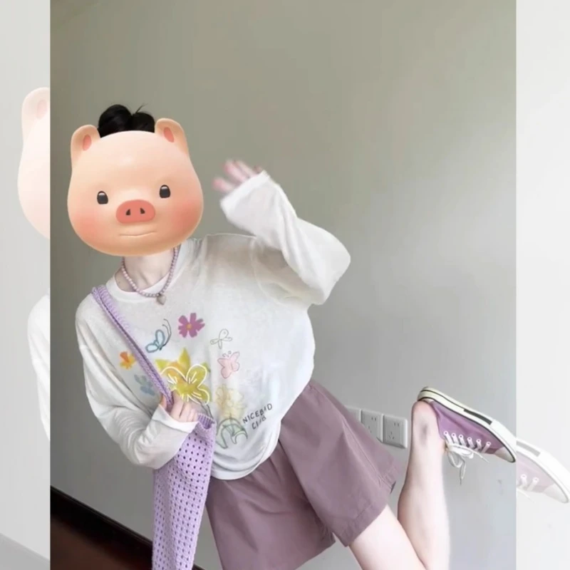 白色花朵印花长袖t恤防晒罩衫女2025新款秋季薄款韩系漂亮小上衣