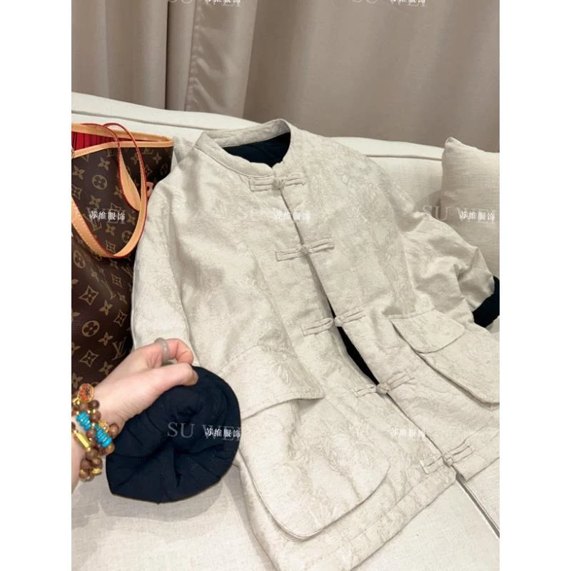 8059新中式亚麻提花棉服宽松加厚保暖外套女冬季