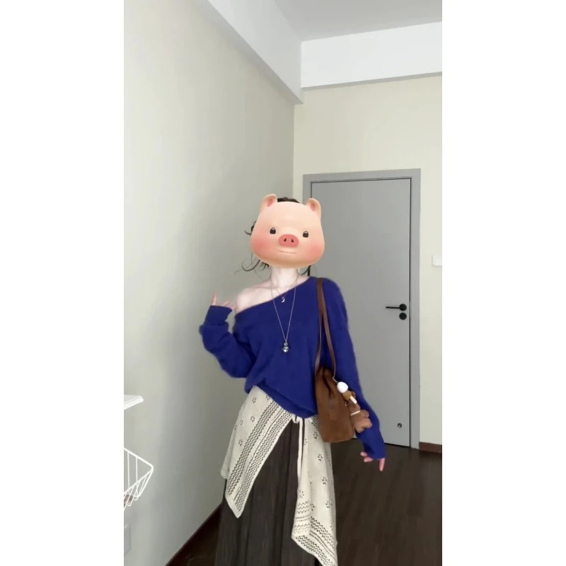 复古时尚套装女春秋穿搭克兰因蓝显白荡领长袖T恤不规则半身裙女