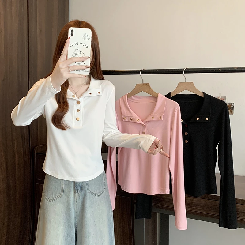 【小曹大码】春装新款立领排扣修身显瘦长袖T恤上衣-ONL33522