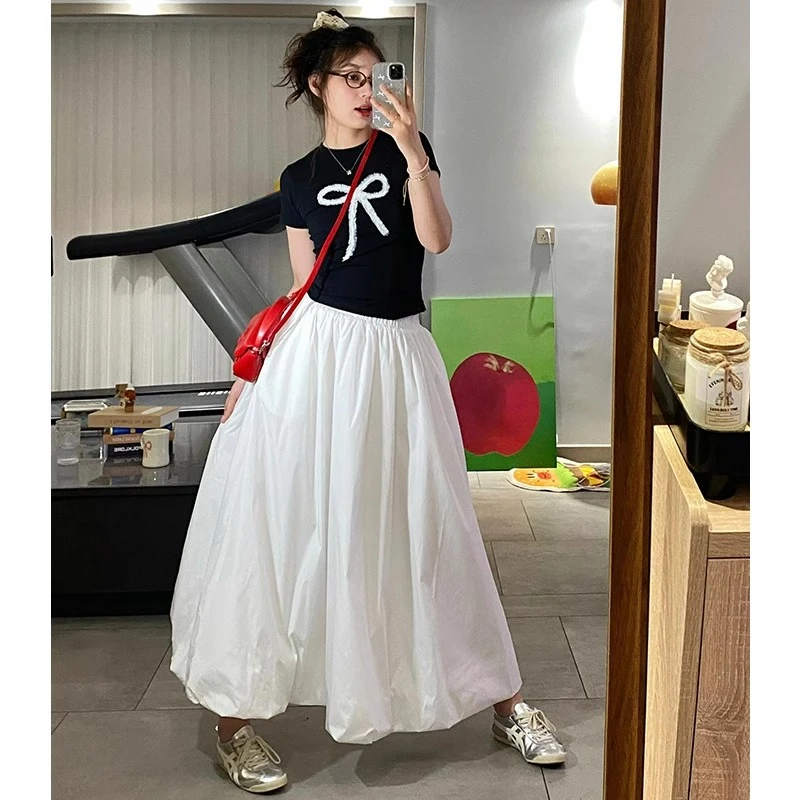 花苞裙半身裙女夏季2025新款长款蓬蓬a字泡泡绝美超好看白色裙子