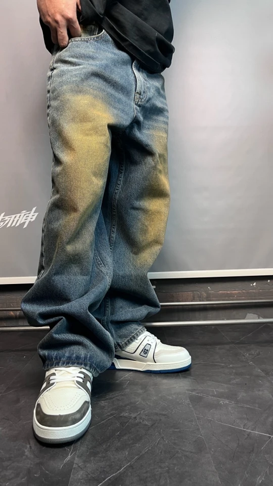 复古做旧水洗牛仔裤男士宽松直筒潮流百搭长裤ins高街