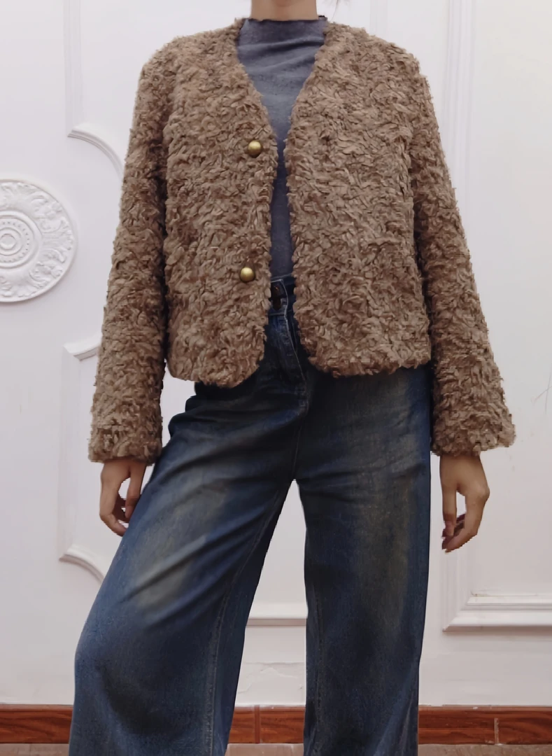 人造皮草 美拉德小香风羊羔绒外套