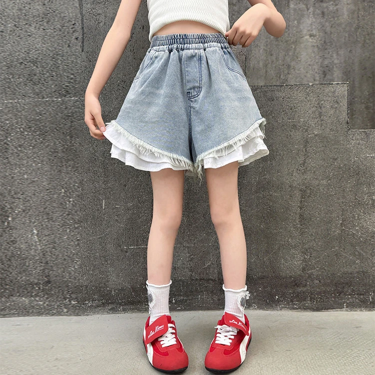 女童花边牛仔短裤2025夏装新款中大童洋气时髦宽松裤子女孩热