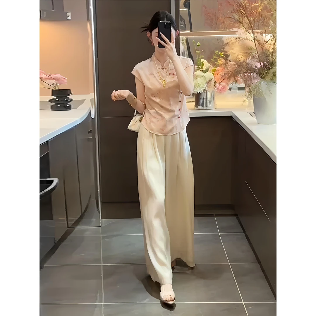 时尚新中式国风时尚套装女2025新款夏季显瘦轻奢上衣阔腿裤两件套