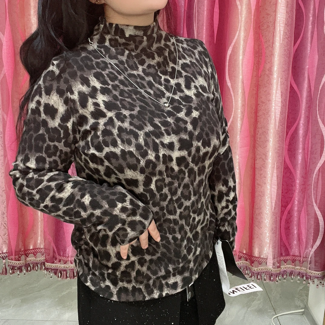 秋冬新款豹纹半高领修身打底衫女清冷系禅意内搭