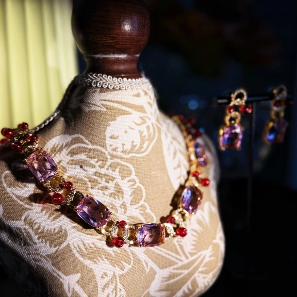 铜合金仿水晶项链 冰透方糖紫色韵味项链耳饰气质百搭