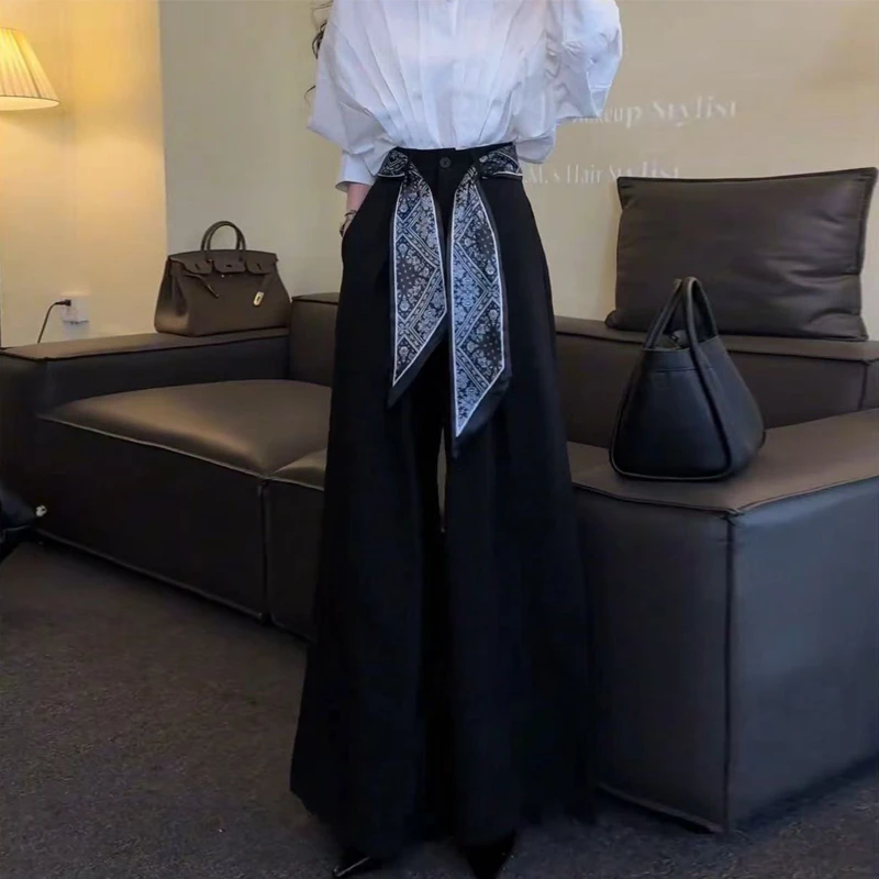 夏季新款高级时尚冰丝阔腿裤女高腰显瘦拖地裤韩版丝巾休闲西装裤