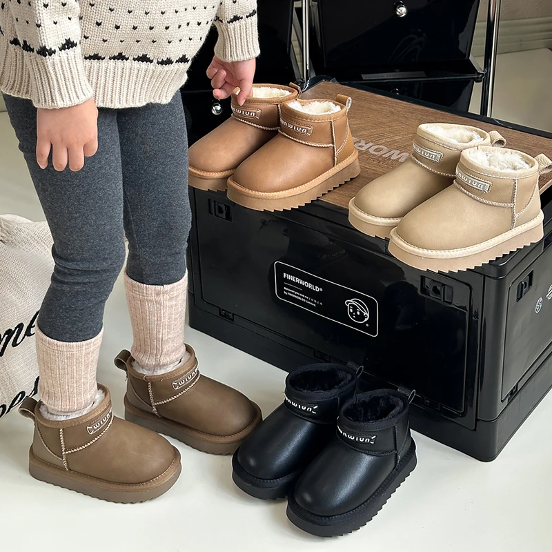 儿童潮款雪地靴2025冬季中大童男童防滑加厚保暖女童皮面防水棉鞋