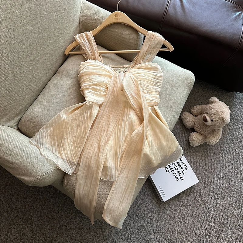 蝴蝶结绑带镶钻吊带小背心女夏季修身无袖外穿设计感蓝色气质上衣