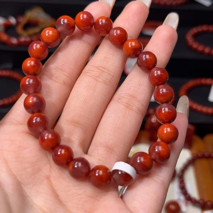 南红玛瑙未镶嵌手链牛血红柿子红双色8mm圆珠手串
