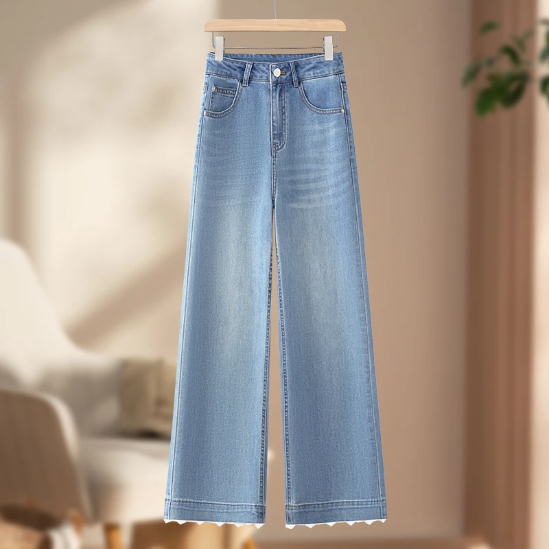 浅蓝色九分牛仔裤女2025春夏新款时尚宽松高腰显瘦窄版阔腿牛仔裤