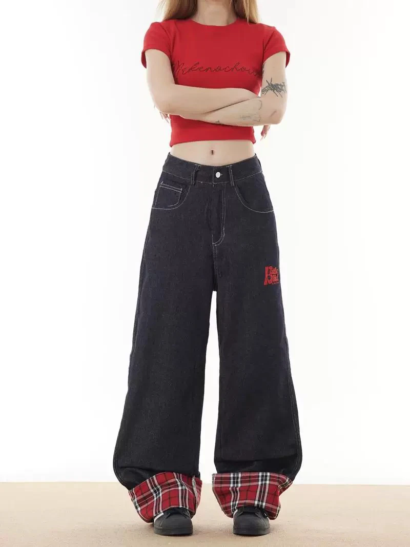 O3-2格子贴布卷边牛仔裤