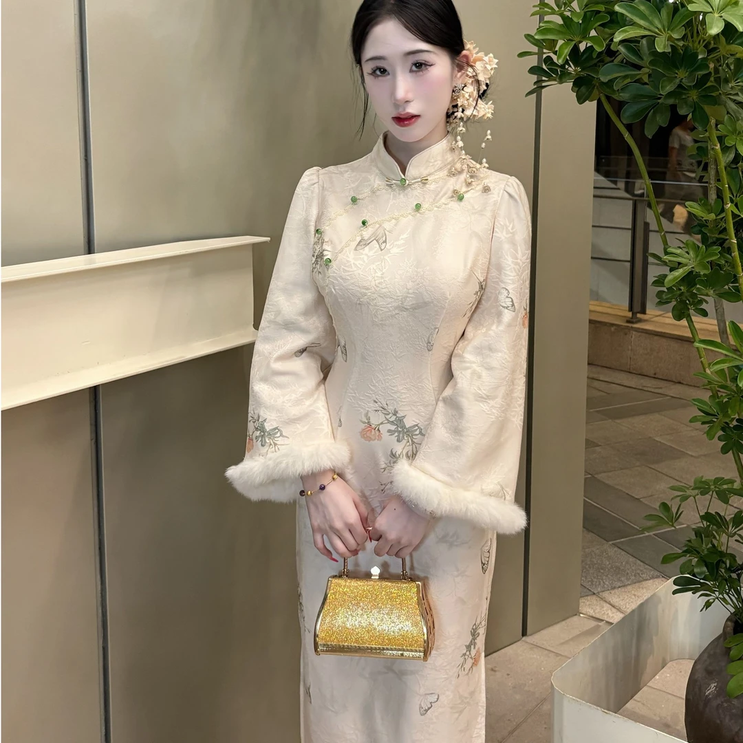 LHMknk1画报夫人原创自制秋冬厚款温柔旗袍连衣裙 凝香雪