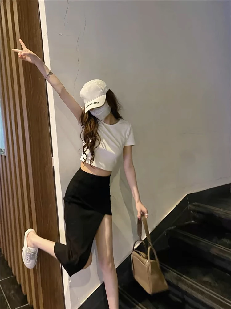高腰不规则侧大开叉性感露腿包臀气质中长款黑色半身裙子女A110