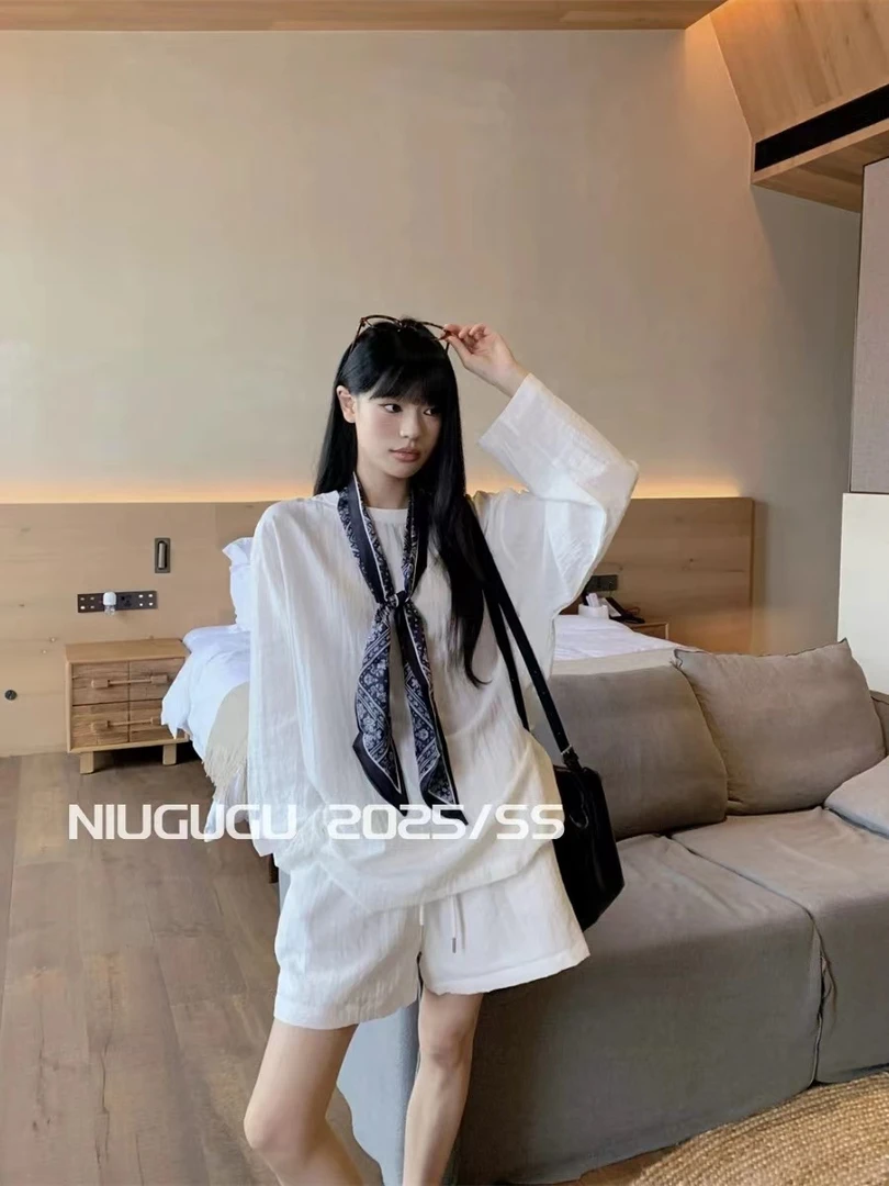 【小宇】气质套装丝巾防晒长袖衬衫女装夏季短裤松弛感两件套