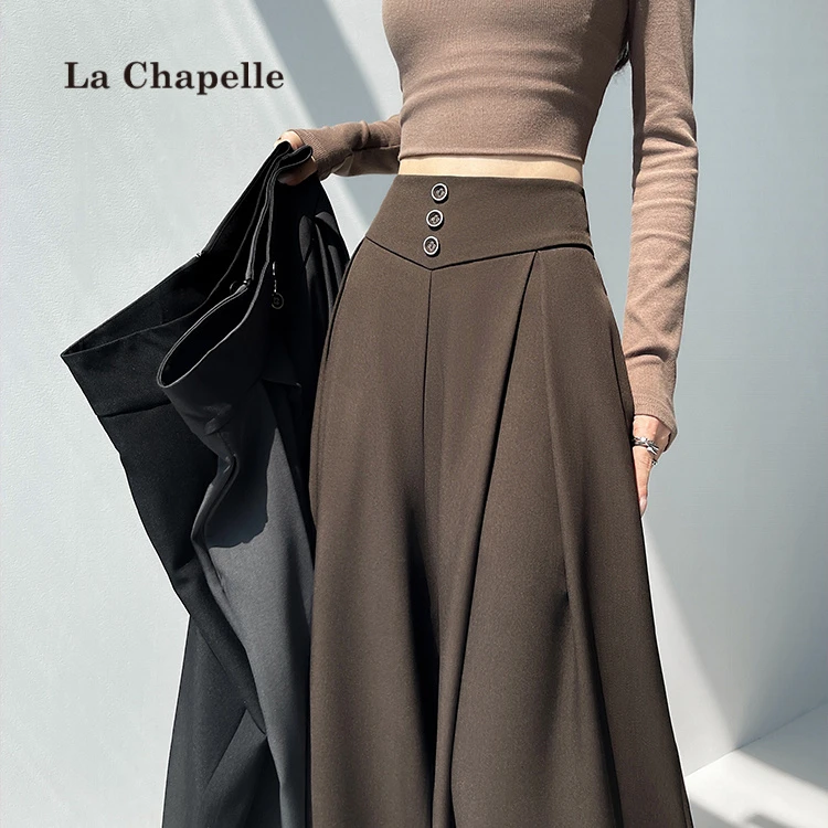 拉夏贝尔灰色高级感西装裤女秋冬高腰垂坠感排扣设计感休闲阔腿裤