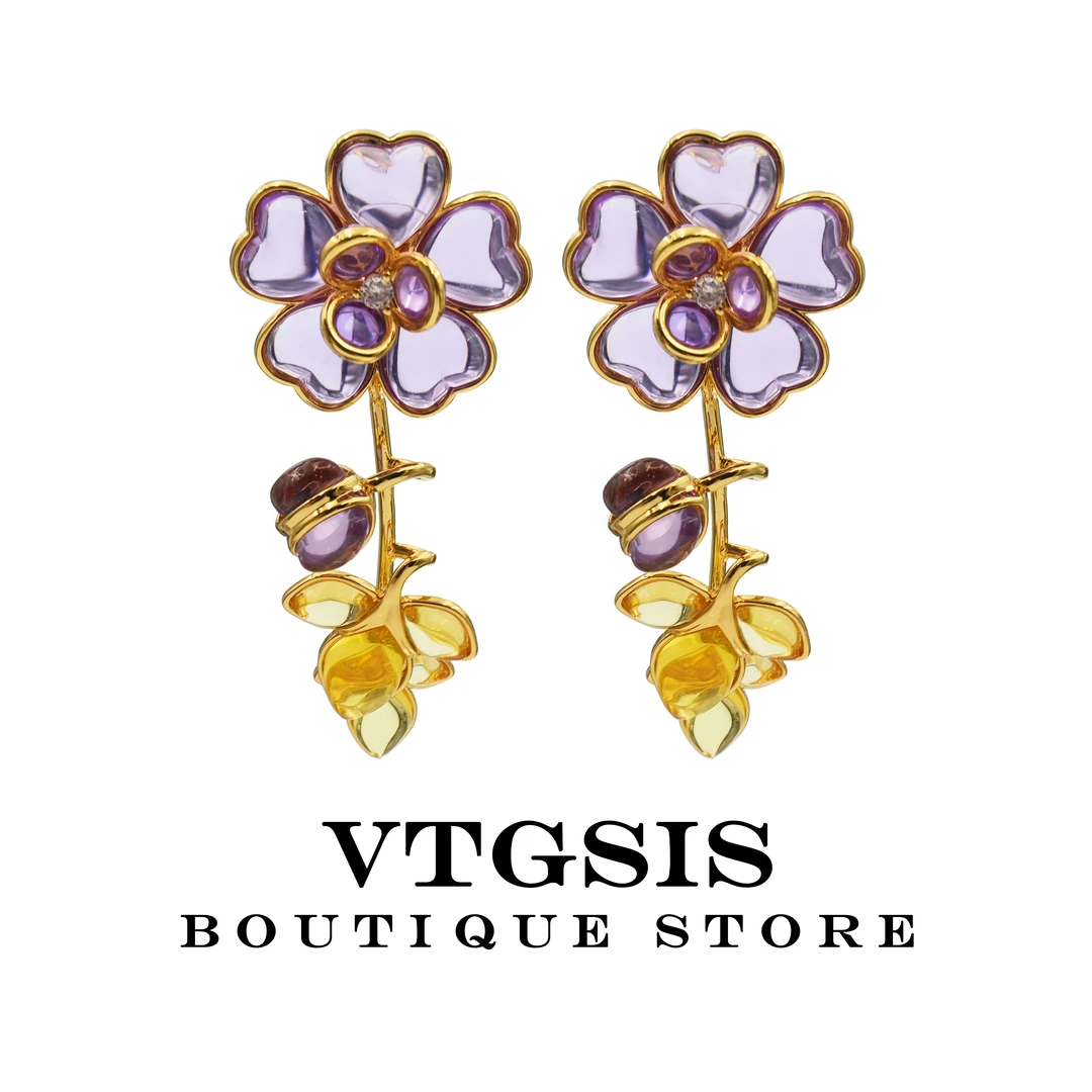 VTGSIS 合金琉璃耳饰 22594 紫鸢花漾琉璃耳钉小众轻奢复古风