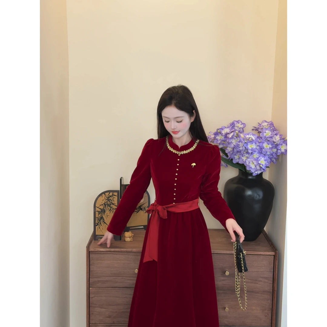 【清秋意】<77>千金风丝绒收腰腰带长袖连衣裙静奢风XMZH9684