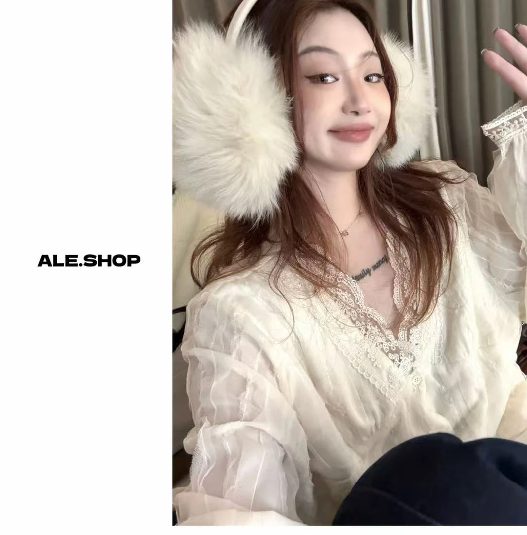 【阿乐家】大码微胖“香草千层”法式复古V领蕾丝拼接长袖打底衫