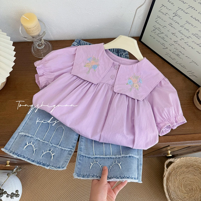 时尚新款纯棉女童衬衣衬衫春夏短袖娃娃衫小女孩薄款欧若风童装