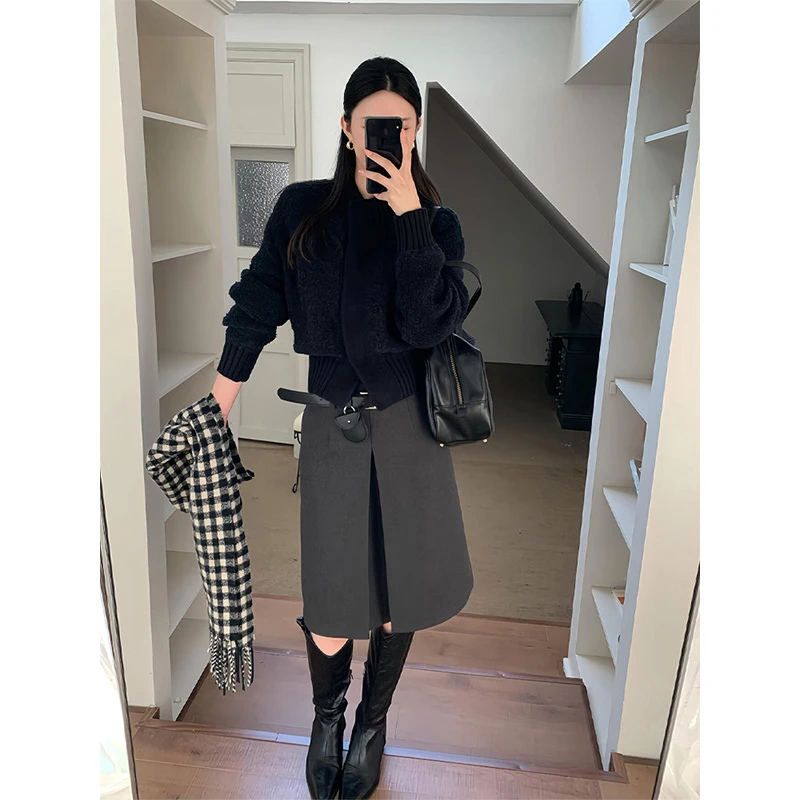 parkyeon法式时尚短款宽松毛衣针织开衫女高级深灰色半身裙两件套