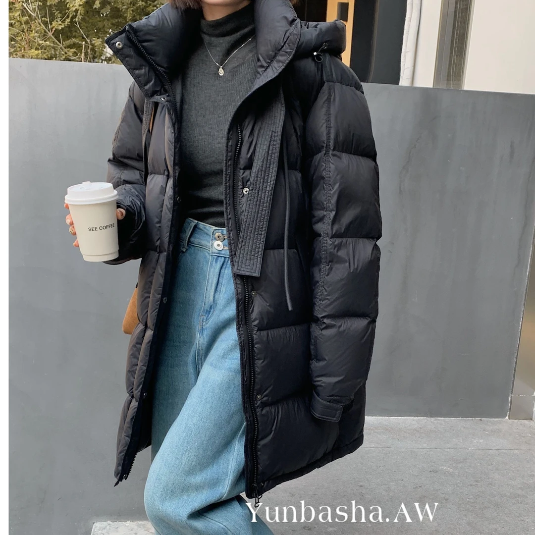 【摩姐姐欧韩】12113中长款飘带羽绒服（帽子可脱卸）