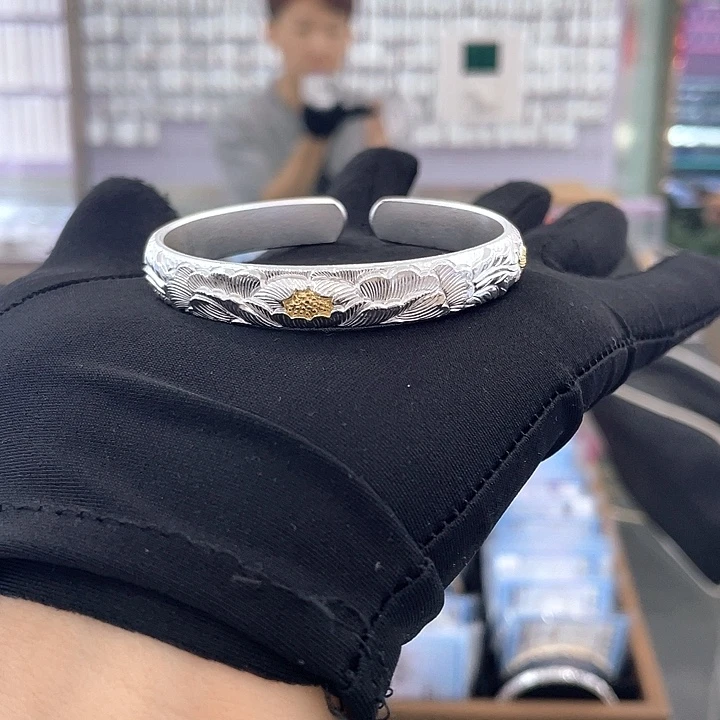 足银足银牡丹花手镯
