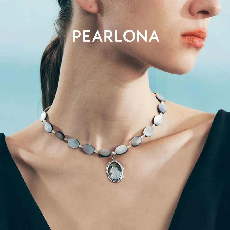 PEARLONA 铜合金吊坠 左航同款渐变椭圆贝项链锁骨链维纳斯浮雕