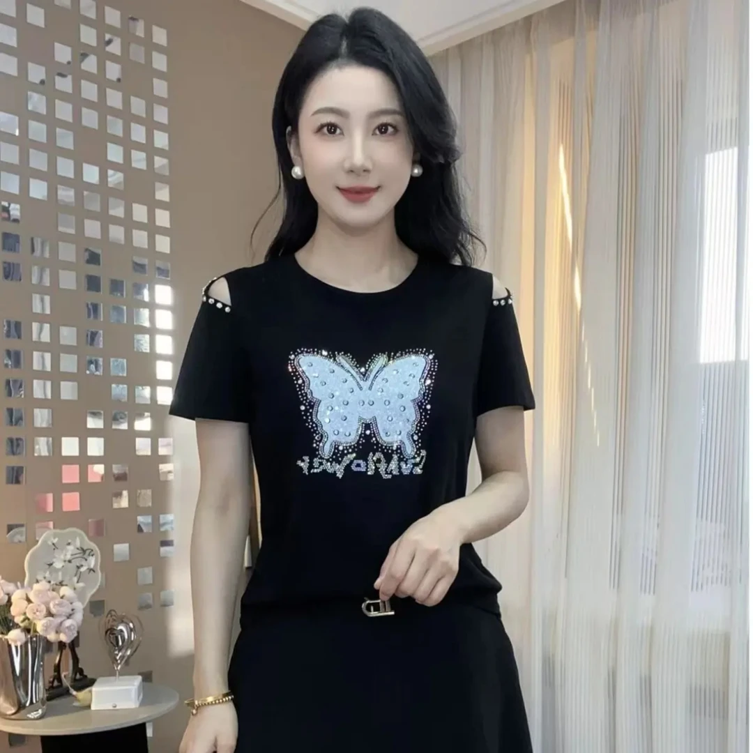 2025夏款圆领镂空蝴蝶串珠气质精品洋气时尚减龄显瘦短袖小衫T恤