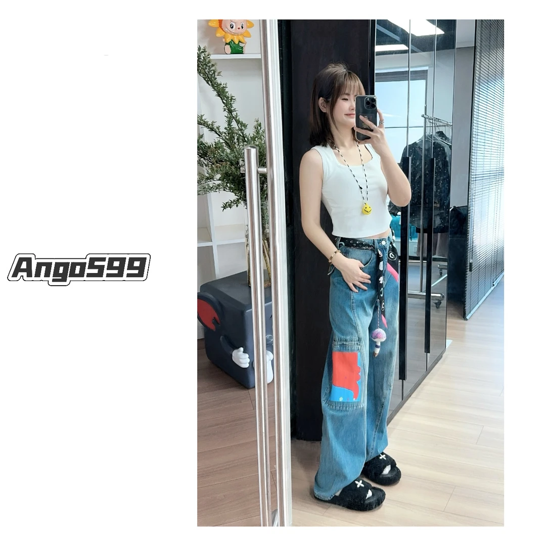 魔幻菇* 小众设计师款趣味印花显瘦休闲直筒牛仔裤