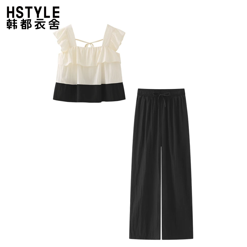 韩都衣舍时尚拼色小飞袖背心小衫松紧腰阔腿裤子洋气套装夏季新款