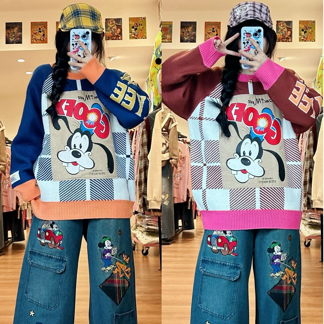 方块原创秋冬小众童趣复古设计撞色格纹高飞贴布毛衣针织