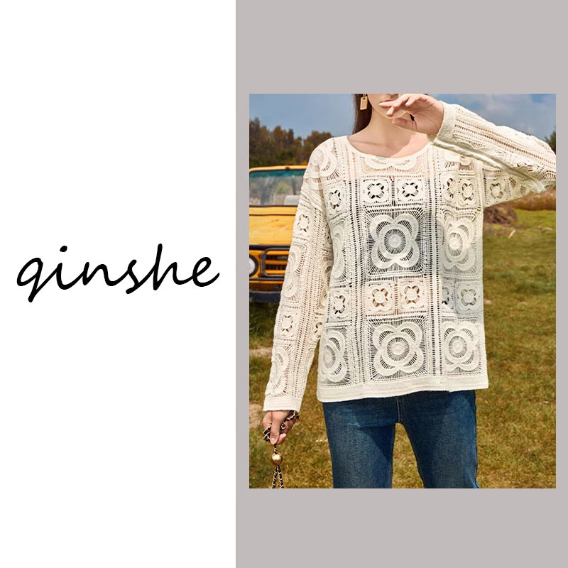 【100%羊毛】春夏新款时尚手工全镂空羊毛衫百搭休闲长袖针织衫