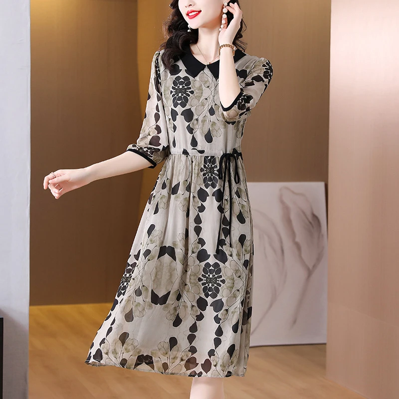 时尚专柜桑蚕丝连衣裙女新款气质优雅减龄中年妈妈显瘦印花字裙潮