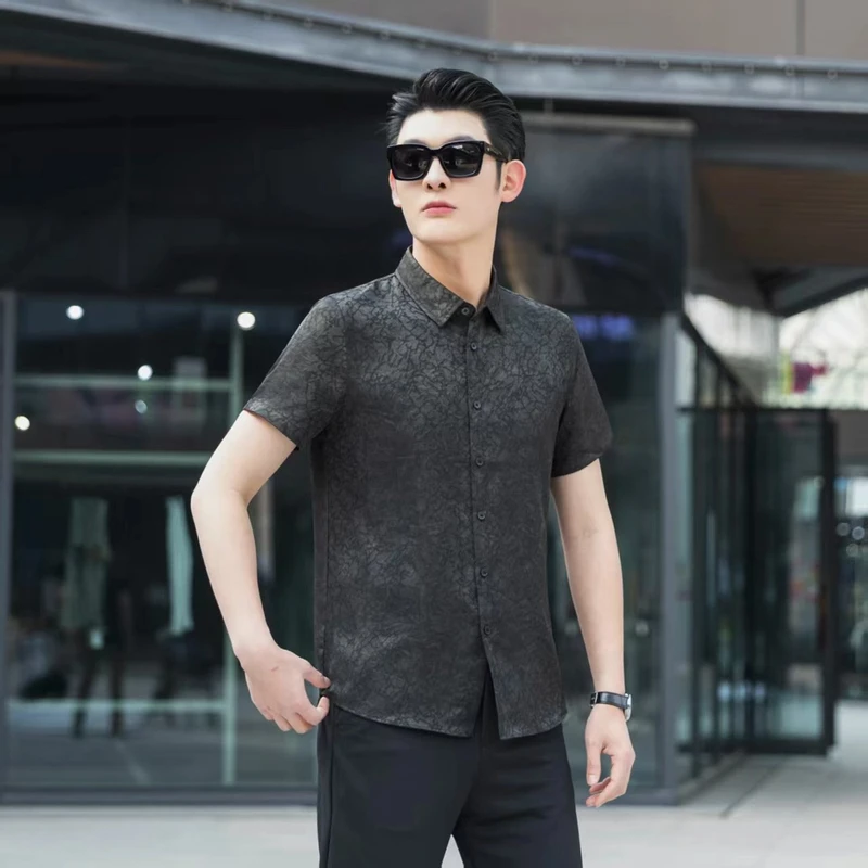 【丝航丝绸】夏季休闲香云纱衬衫男短袖宽松高档桑蚕丝薄款半袖上衣