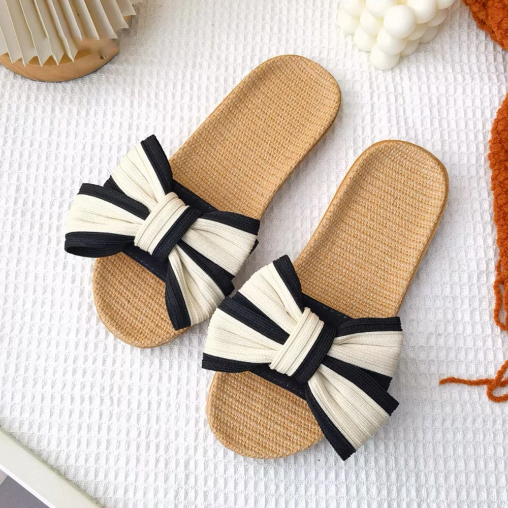 2025 新款女夏季软底蝴蝶结居家鞋舒适百搭透气室内轻便亚麻拖鞋