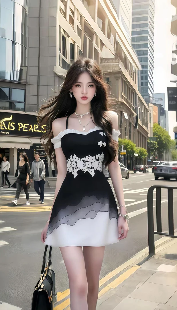 夏季新款黑白撞色设计感一字肩露肩吊带修身收腰连衣裙女时尚女装