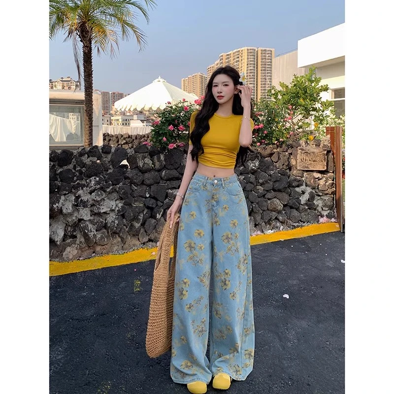 春日浪漫黄碎花阔腿牛仔裤女2025夏季新款高腰慵懒宽松垂感堆堆裤
