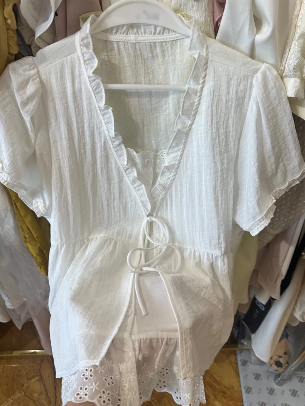 58129#韩系甜美减龄木耳边V领系带开衫假两件